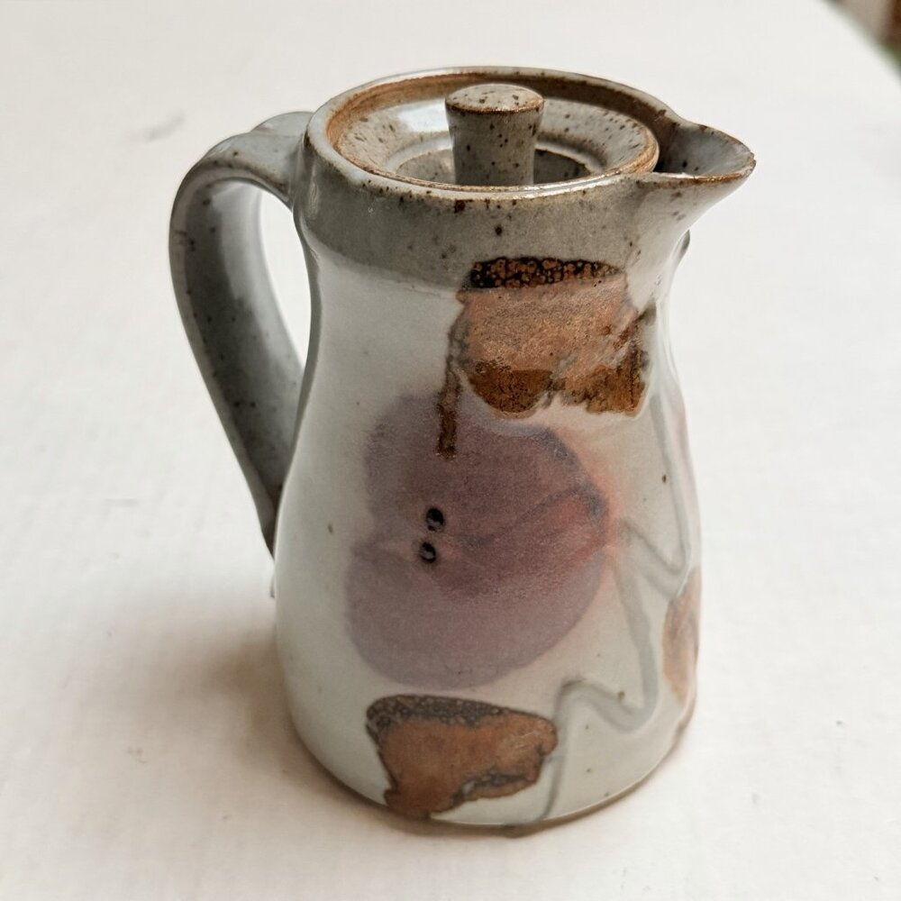 MCM Studio Art Pottery Pitcher Brown Floral Speckled Glaze Signed Vintage Decor